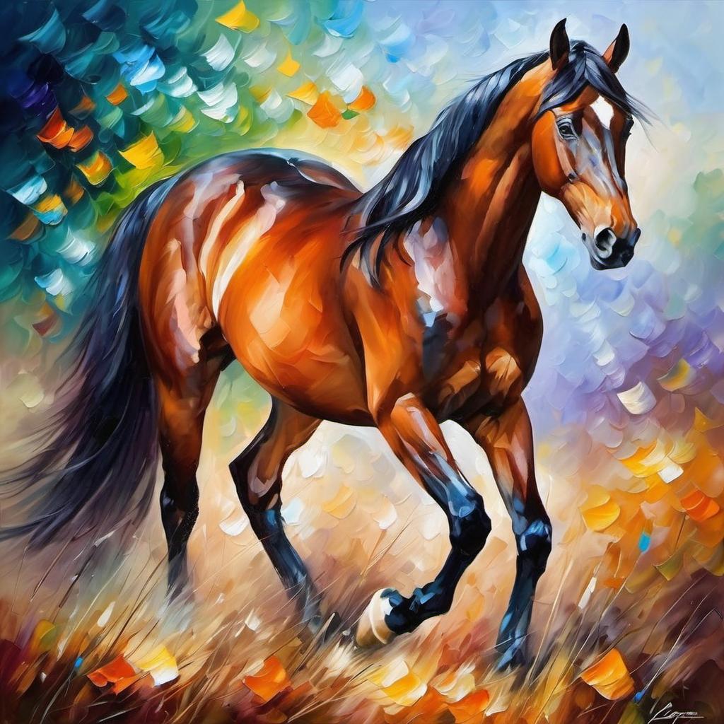 knife oil painting of morgan horse in the style of leonid afremov and degas, featuring vibrant, textured brushstrokes.