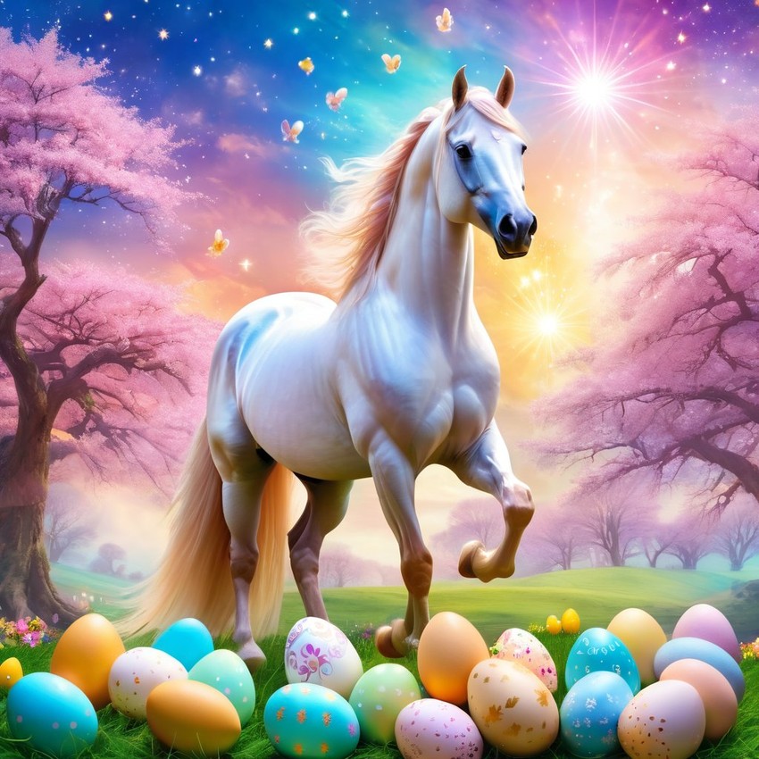 morgan horse in a magical easter setting with colorful eggs, ethereal and dreamy details.