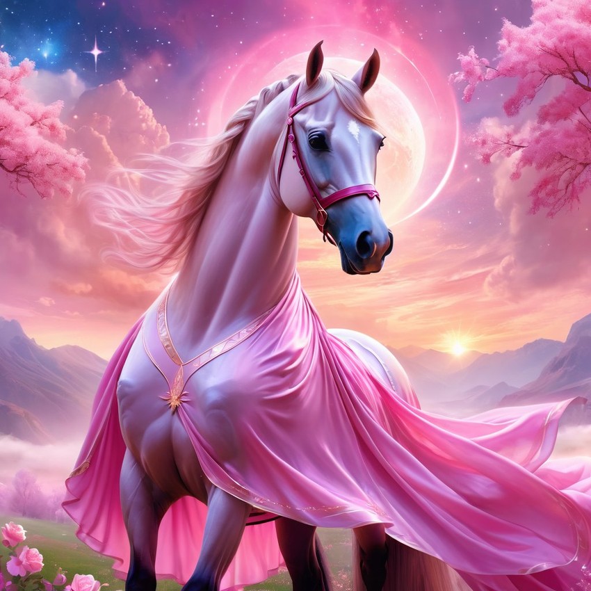 morgan horse in pink clothing, set in a beautiful pink scene with a dreamy, magical vibe.