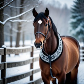 morgan horse in a beautiful winter scene, wearing stylish winter clothing, looking cute and happy.