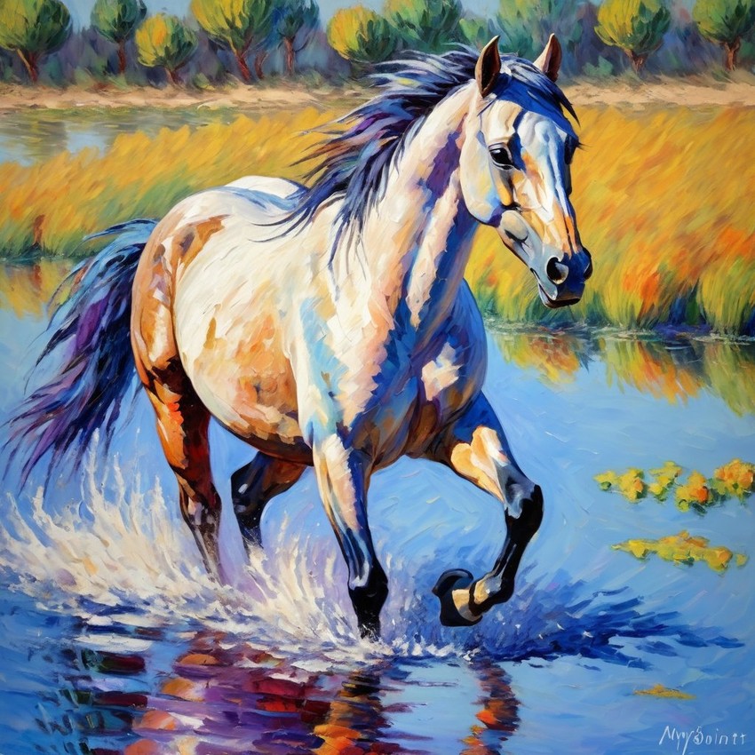 mustang horse in the style of monet, featuring delicate brush strokes and a classic, artistic appearance.