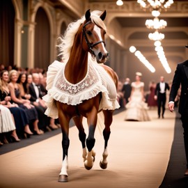 mustang horse strutting down the fashion show catwalk stage in a vintage victorian outfit with lace and ruffles, high energy and majestic.