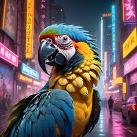 macaw bird in a vibrant neon city with chinapunk style, featuring captivating lighting and a modern, exotic look.