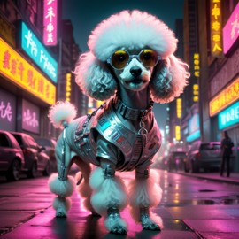 poodle in a vibrant neon city with chinapunk style, featuring captivating lighting and a modern, exotic look.