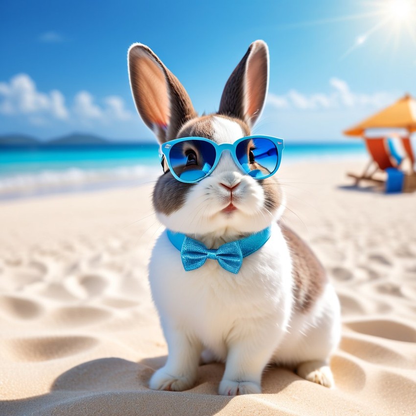 netherland dwarf rabbit on a beautiful beach with white sand and blue sea, wearing sunglasses.