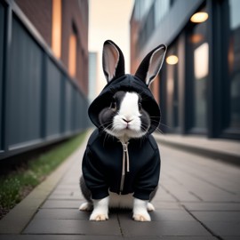 netherland dwarf rabbit in a black hoodie, set against a modern urban backdrop, emphasizing a stylish and trendy look.