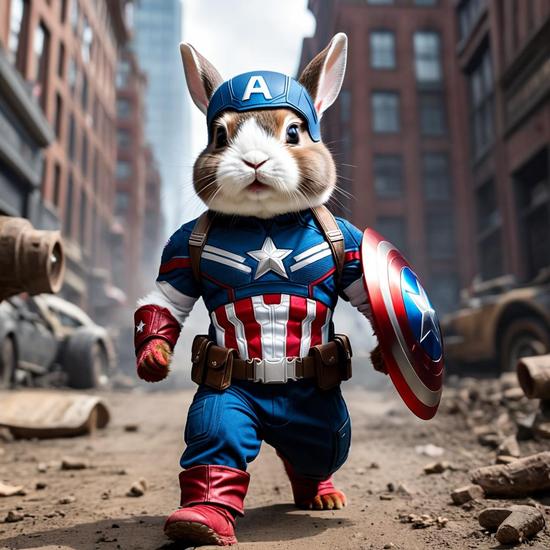 Rabbit dressed as Captain America with shield and uniform, superhero pet cosplay in urban battle scene