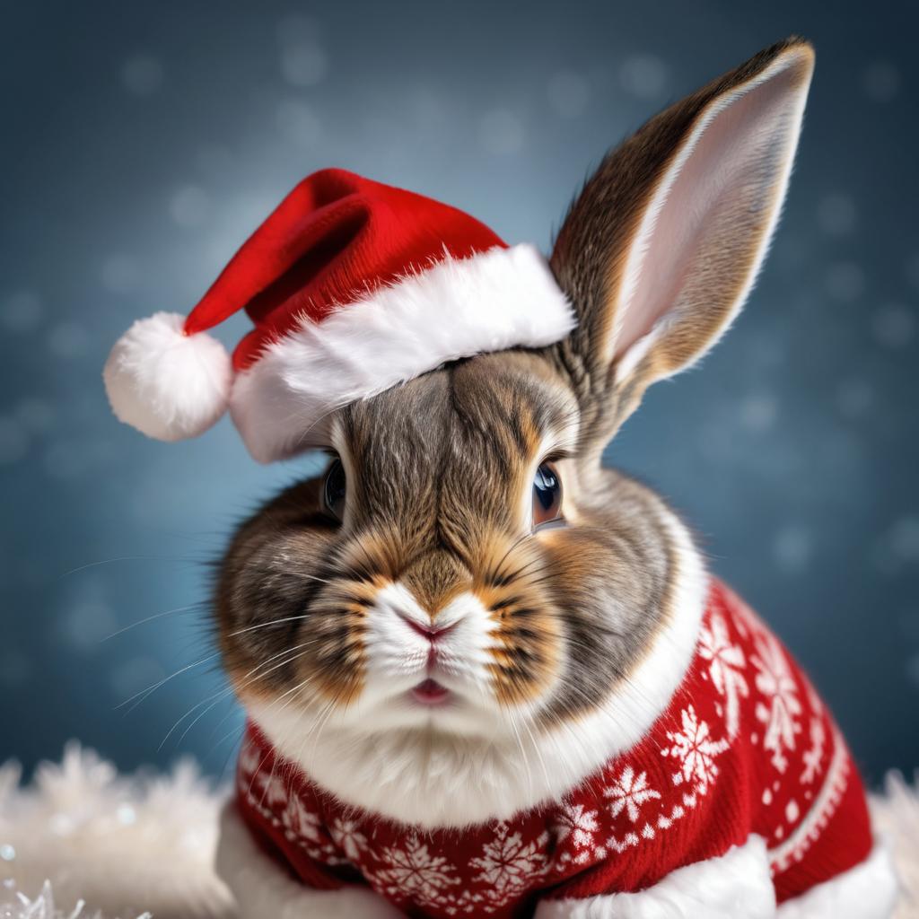 netherland dwarf rabbit in a christmas sweater and santa hat, lifelike and festive.