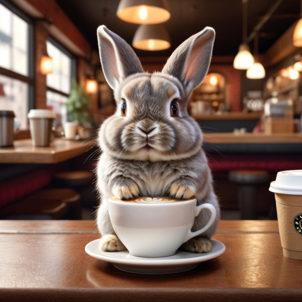 netherland dwarf rabbit sitting in a cozy coffee shop, lifelike and detailed.