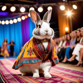 netherland dwarf rabbit strutting down the fashion show catwalk stage in a colorful bohemian outfit with flowing fabrics, high energy and joyful.