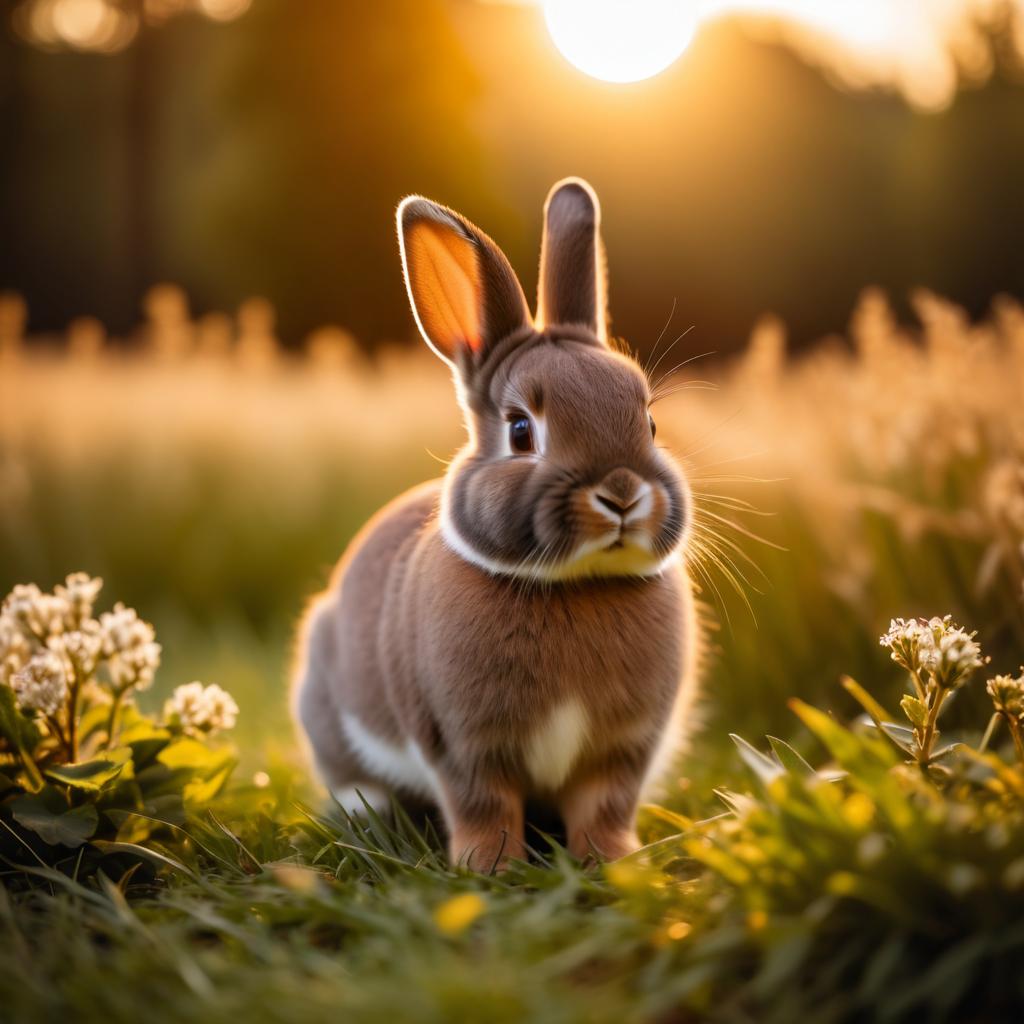 netherland dwarf rabbit in golden hour light, highlighting their beauty in nature with a moody and detailed atmosphere.