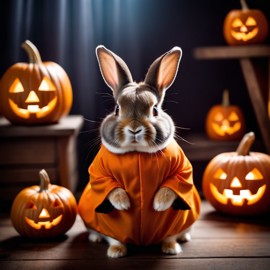 netherland dwarf rabbit in a halloween costume with pumpkins and eerie decorations, highlighting their festive spirit.