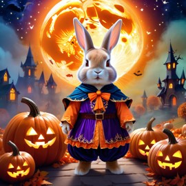 netherland dwarf rabbit in a halloween costume, with a magical and ethereal atmosphere surrounded by pumpkins.