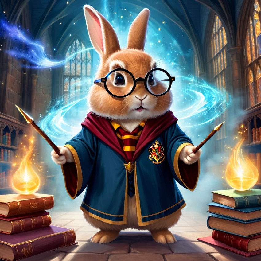 netherland dwarf rabbit as harry potter, with glasses and a magical hogwarts setting, evoking a celestial and epic feel.