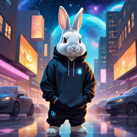 netherland dwarf rabbit in a black hoodie, set in a magical urban environment with a celestial and cute appearance.