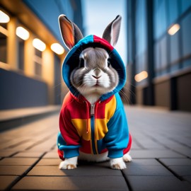 netherland dwarf rabbit in a colorful hoodie, set in a modern urban environment with a stylish and trendy vibe.