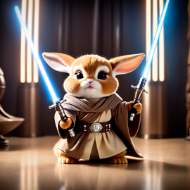 netherland dwarf rabbit as a jedi knight, featuring a lightsaber and a star wars environment in a high-detail, epic style.