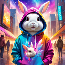 netherland dwarf rabbit in a colorful hoodie, with a magical urban background highlighting a cute and happy vibe.