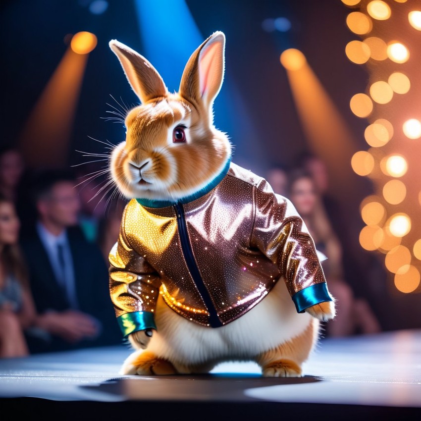 netherland dwarf rabbit strutting down the fashion show catwalk stage in a sleek metallic bodysuit with led accents, high energy and dramatic.