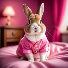 netherland dwarf rabbit dressed in pink clothing, in a beautiful pink scene, radiating joy and cuteness.