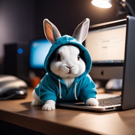 netherland dwarf rabbit as a programmer, working on a laptop in a hoodie, capturing a cute and happy moment.