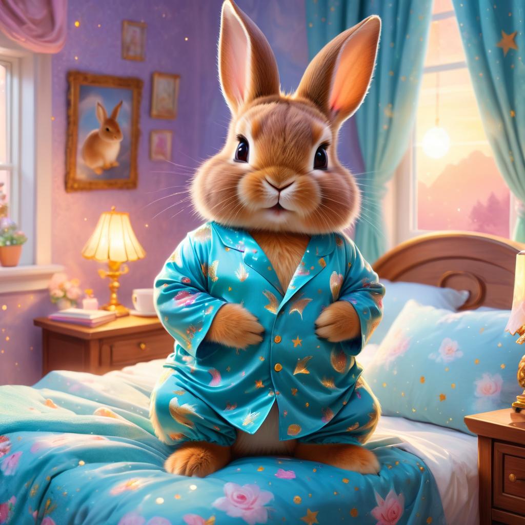 netherland dwarf rabbit in cute pyjamas, relaxing in a posh bedroom, capturing an ethereal and happy moment.