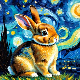 netherland dwarf rabbit by van gogh, featuring starry night brush strokes, capturing a cute and happy expression.