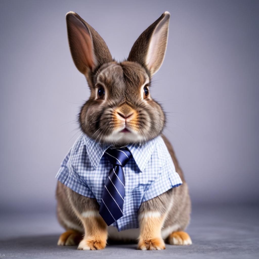 netherland dwarf rabbit in a stylish shirt and tie, with a diffused background, capturing their cute and professional side.