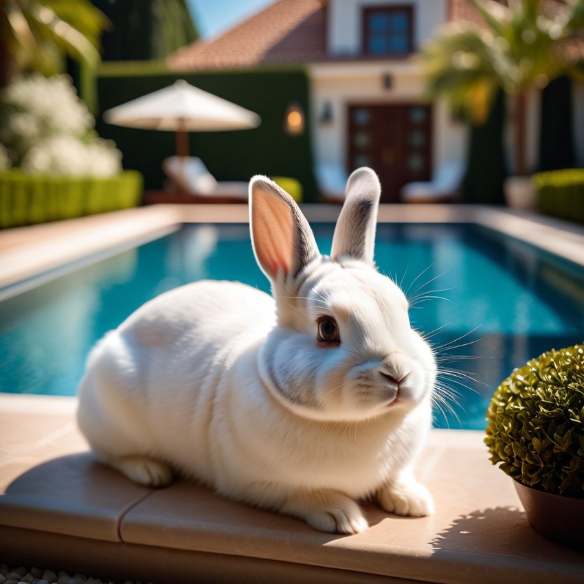 netherland dwarf rabbit suntanning next to a luxurious villa pool, capturing a posh and happy moment.