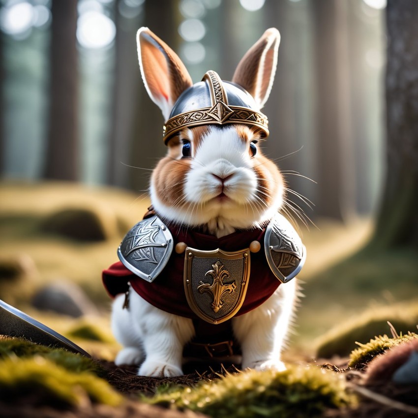 netherland dwarf rabbit as a viking, wearing traditional armor and helmet, set in a detailed viking environment.