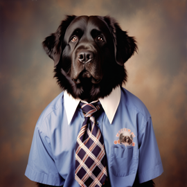 90s yearbook photo of newfoundland in a shirt and tie, full body, studio background.