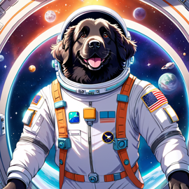 anime illustration of newfoundland as astronaut in space, wearing spacesuit, vibrant and detailed.