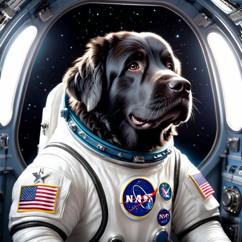 newfoundland as astronaut in space, wearing spacesuit, highly detailed and lifelike.