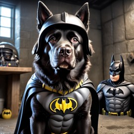 newfoundland as batman in batcave, wearing batman suit and mask, highly detailed.