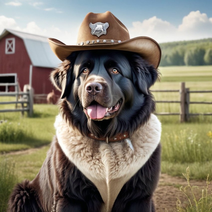 newfoundland as a cowboy wearing a hat, in the midwest countryside, on a farm.