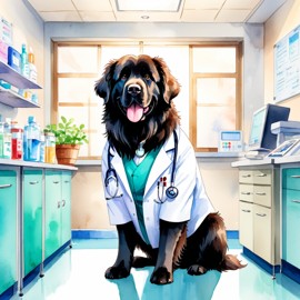 watercolor painting of newfoundland as a doctor in a hospital, vibrant and highly detailed, in a studio anime style.