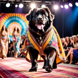 newfoundland strutting down the fashion show catwalk stage in a colorful bohemian outfit with flowing fabrics, high energy and joyful.