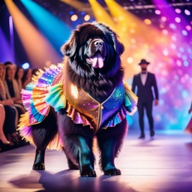 newfoundland strutting down the fashion show catwalk stage in an extravagant cosmic-themed outfit with iridescent fabrics, high energy and extravagant.