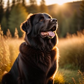 newfoundland in golden hour light, highlighting their beauty in nature with a moody and detailed atmosphere.