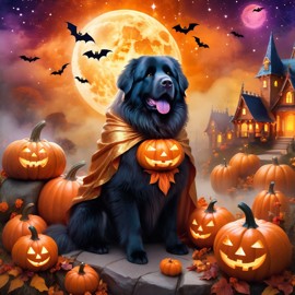 newfoundland in a halloween costume, with a magical and ethereal atmosphere surrounded by pumpkins.