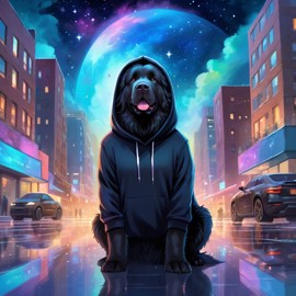 newfoundland in a black hoodie, set in a magical urban environment with a celestial and cute appearance.