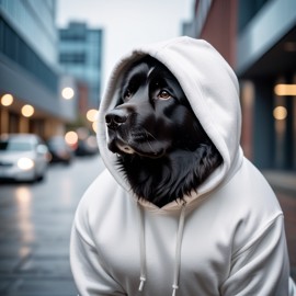 newfoundland in a white hoodie, showcasing a modern urban setting with a cute and stylish look.