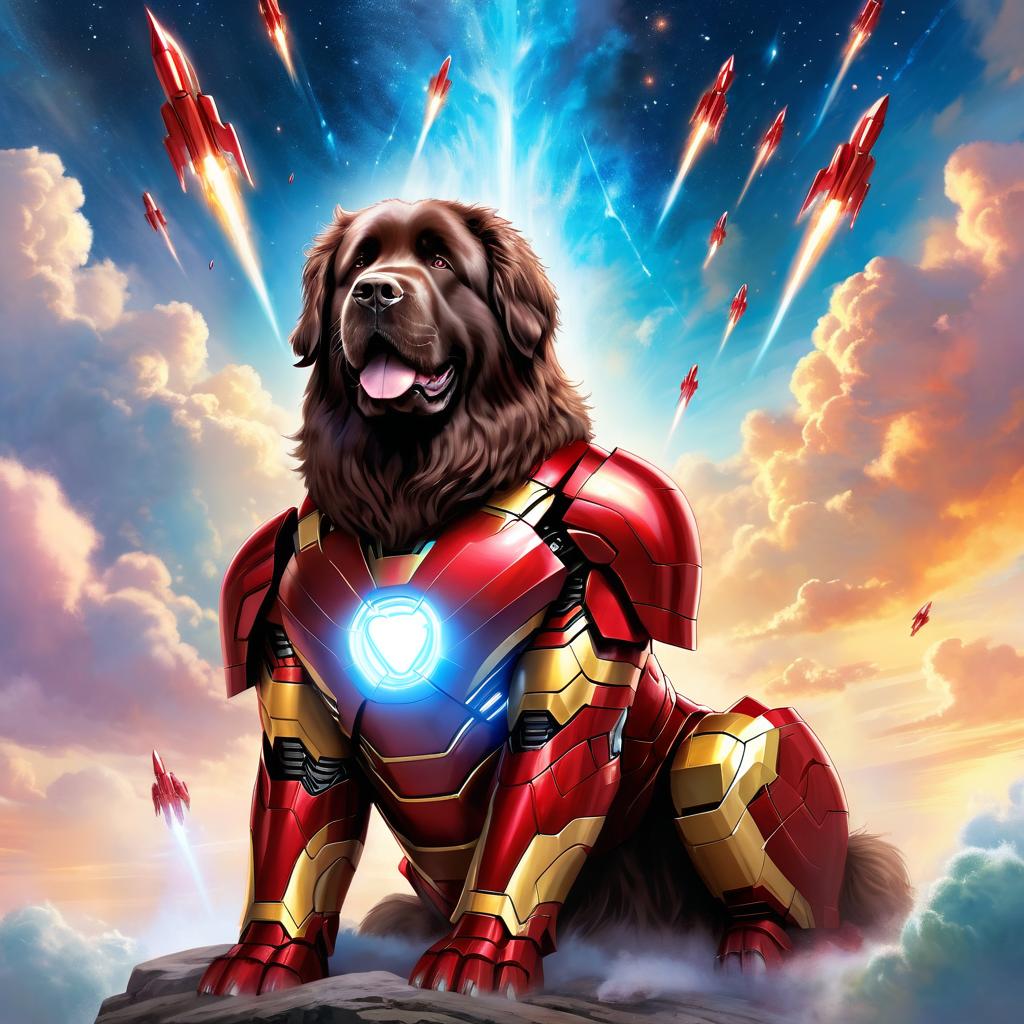 newfoundland as iron man, showcasing a celestial, painterly style with a magical iron man costume.