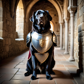 newfoundland as a medieval knight in a cinematic film still, detailed armor, set in a grand medieval castle.