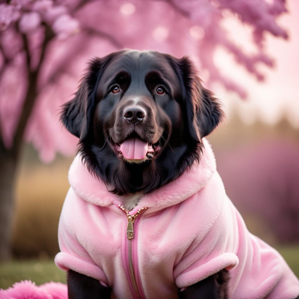 newfoundland dressed in pink clothing, in a beautiful pink scene, radiating joy and cuteness.