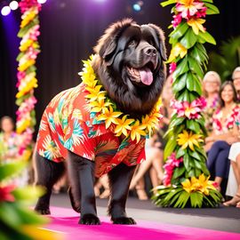 newfoundland-strutting-fashion-show-vibrant-hawaiian-shirt-floral-lei-dd3963d2d0e84732a8da8456429af5d7