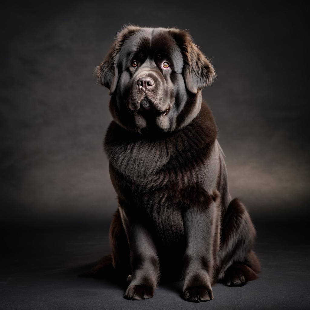 newfoundland in a black turtleneck, against a diffused background, looking cute and elegant.