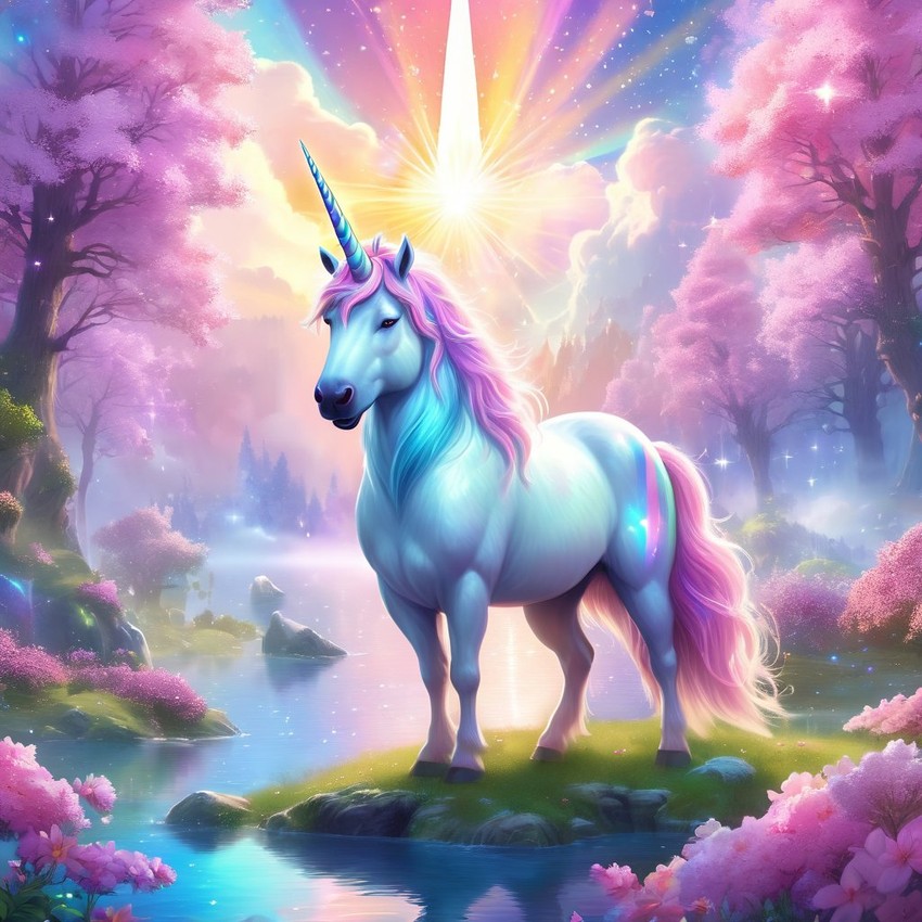 newfoundland as a unicorn in a magical fairytale environment, capturing an ethereal and majestic scene.