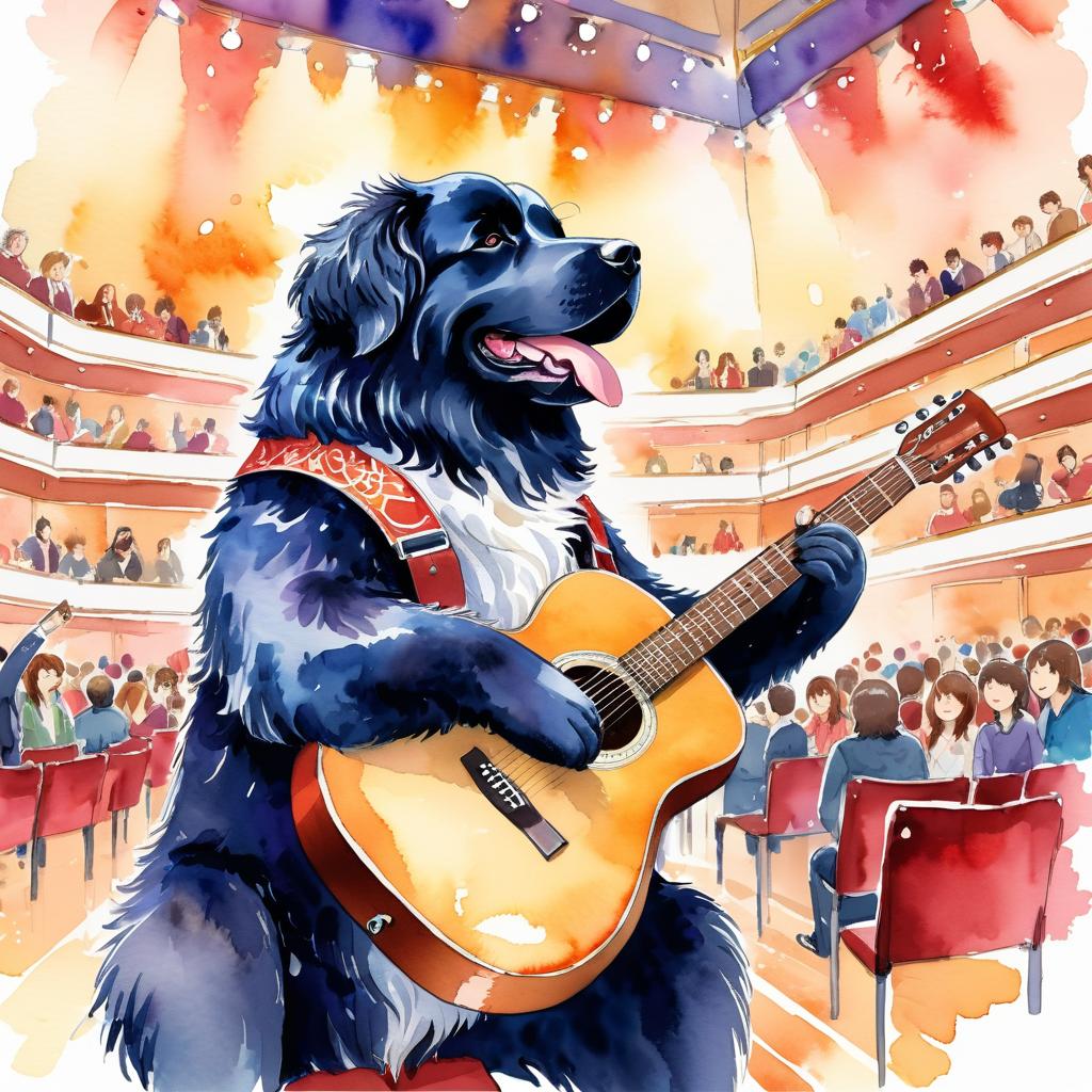 newfoundland as a musician in a watercolor painting, playing guitar in a vibrant and detailed concert hall scene.