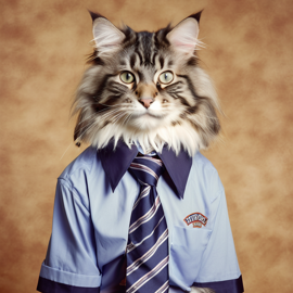 90s yearbook photo of norwegian forest cat cat in a shirt and tie, full body, studio background.